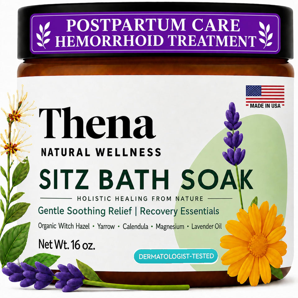 THENA front packaging showing organic sitz bath jar and calming lavender benefit