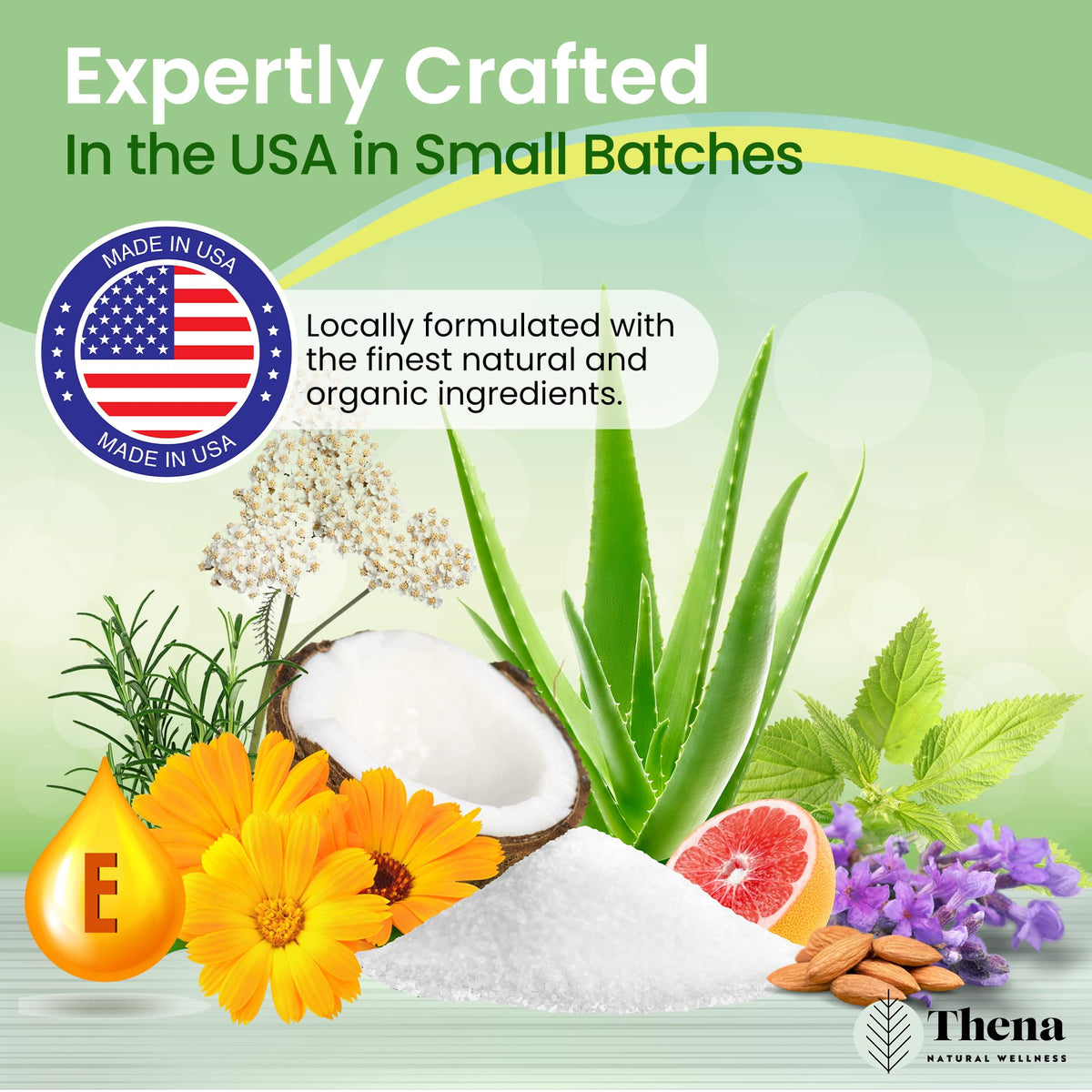 THENA flatlay of calendula, comfrey, and lavender showing botanical ingredients