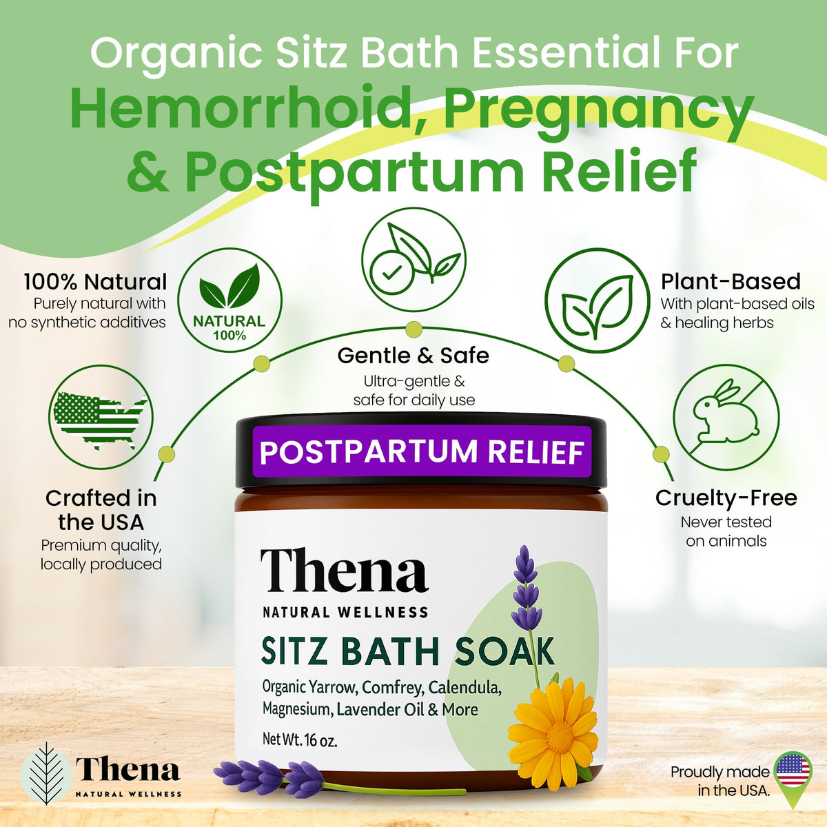 THENA close-up of fine-grain salts and lavender for fast-dissolving soothing soaks