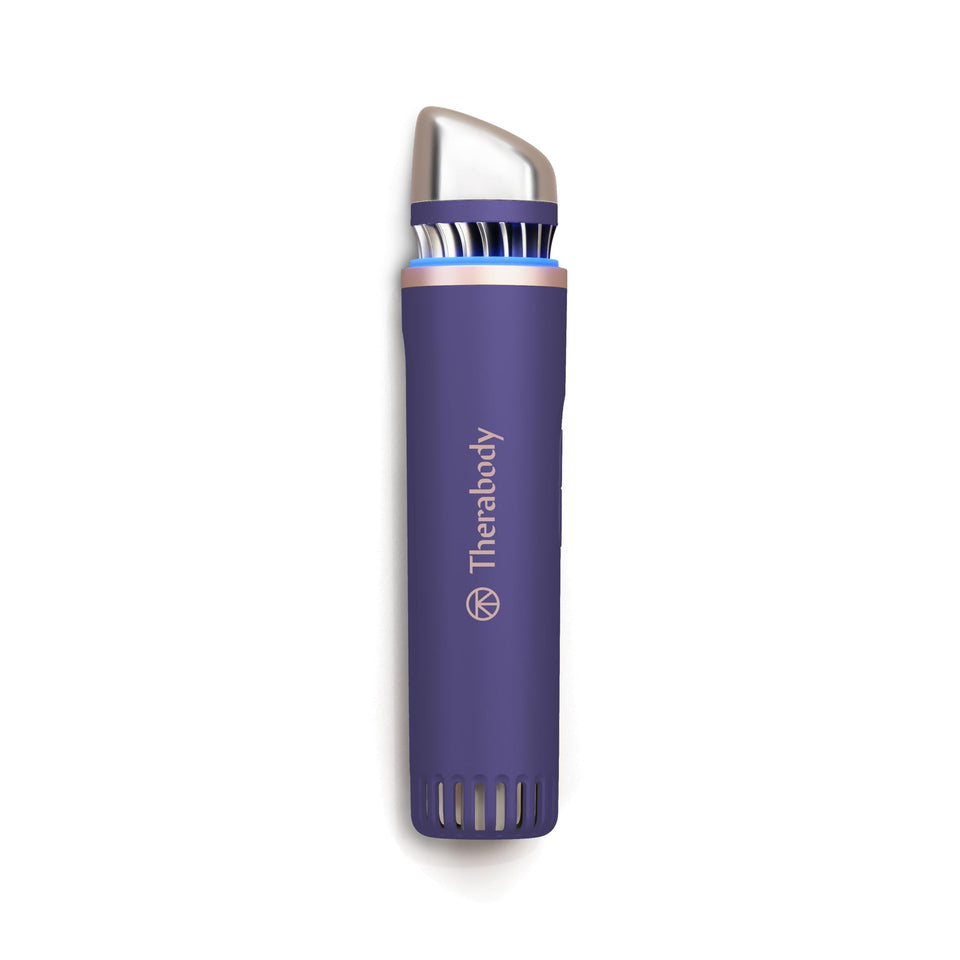 TheraFace depuffing wand front view showing sleek indigo finish and compact design benefit: easy storage