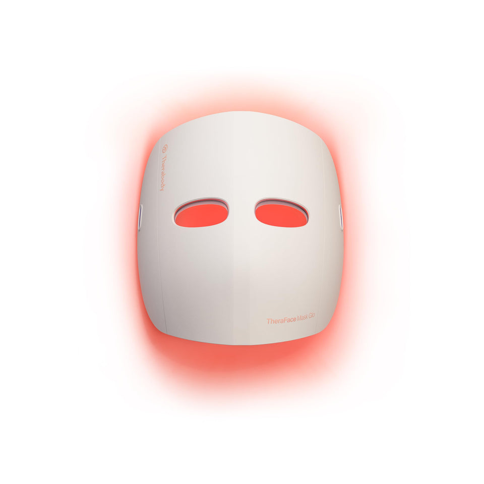 TheraFace Mask Glo front view showing full-face LED coverage and quick treatment