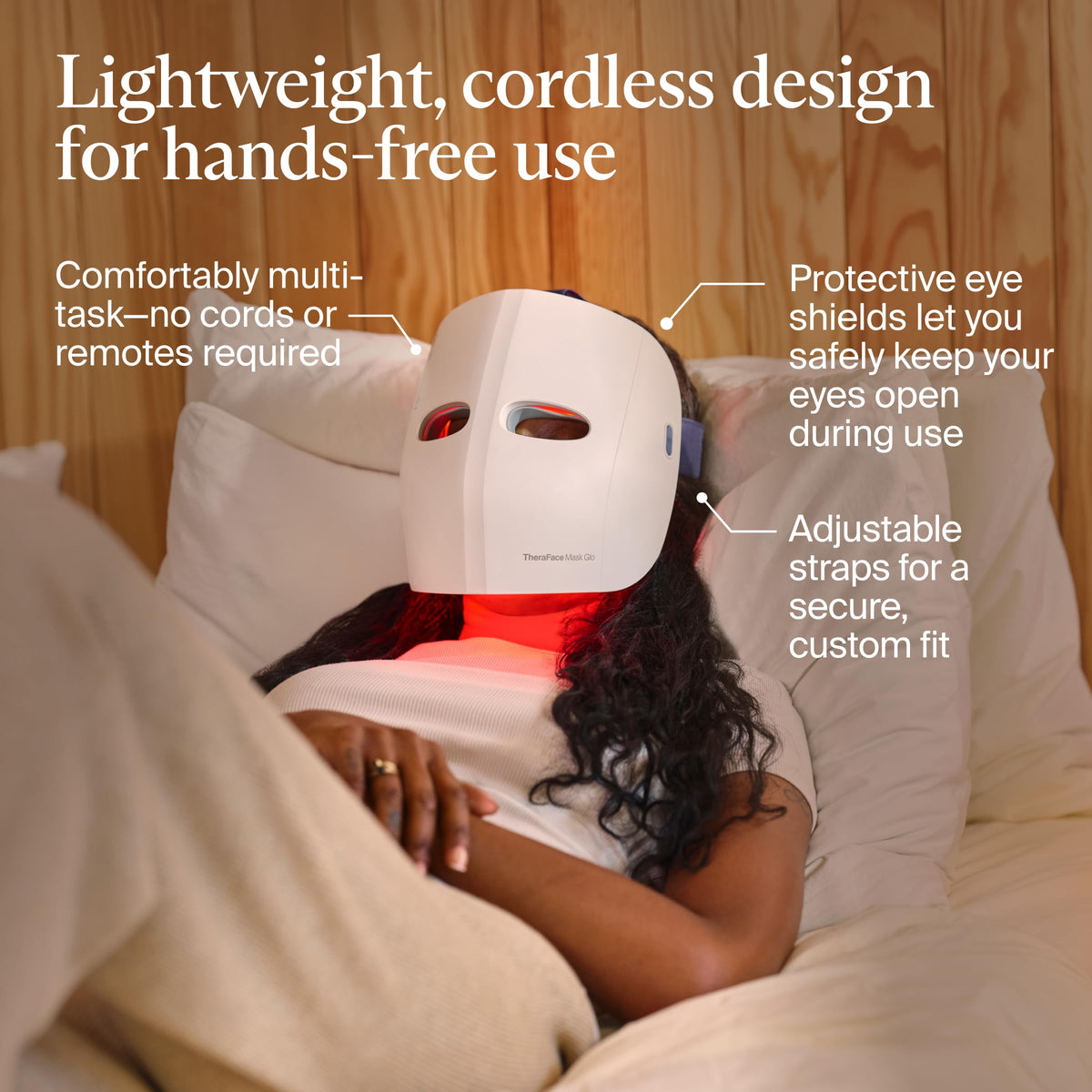 Person wearing TheraFace Mask Glo during at-home routine for convenient therapy
