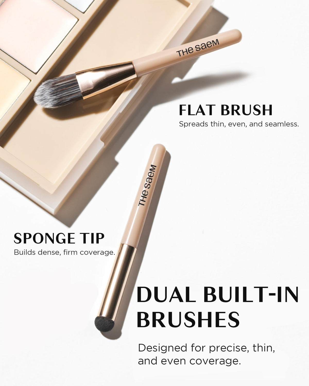 THESAEM dual-ended brush detail showing flat brush and sponge tip for precise application