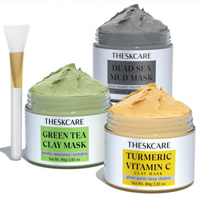 THESKCARE front packaging showing three clay mask jars for versatile skincare