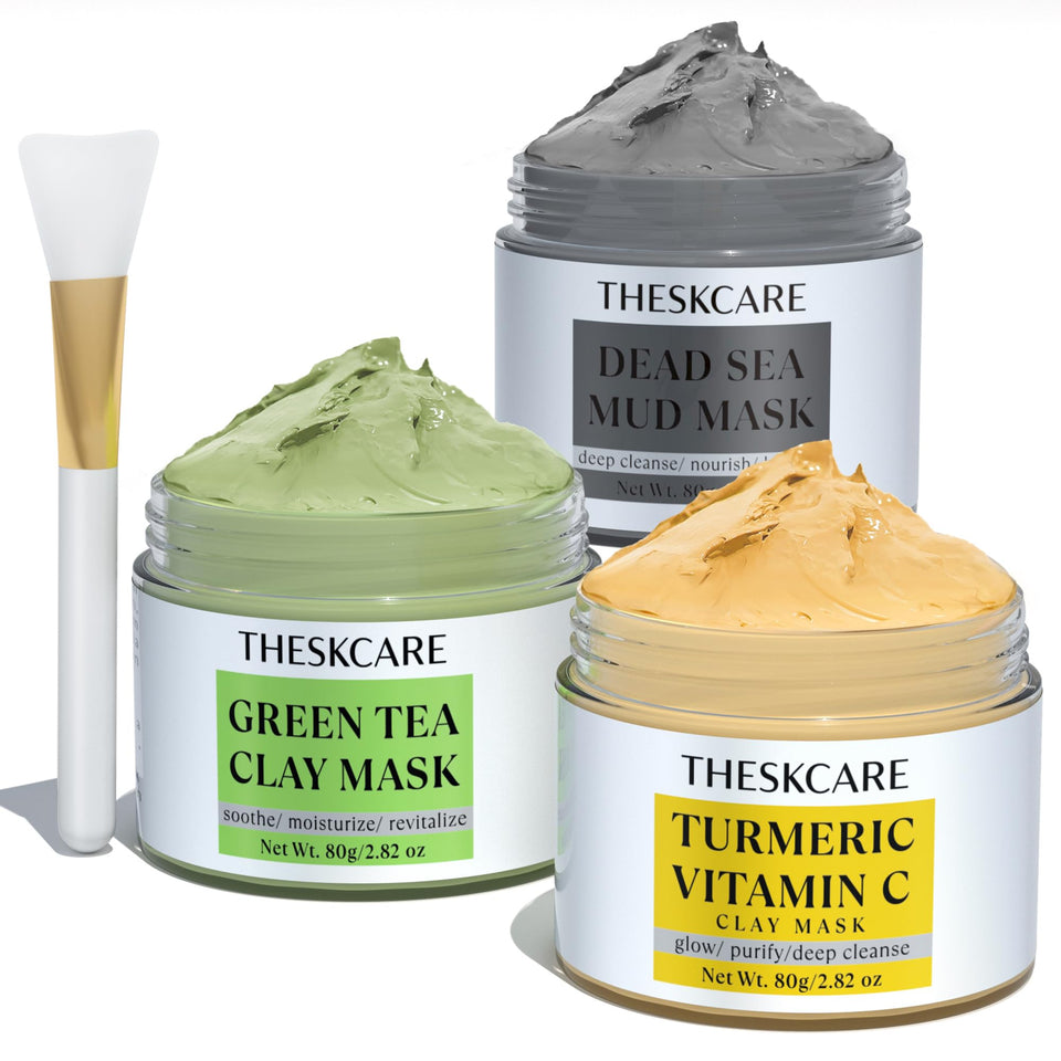 THESKCARE front packaging showing three clay mask jars for versatile skincare