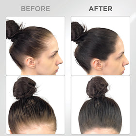 THICK FIBER application before and after concealing gray roots for fuller hairline