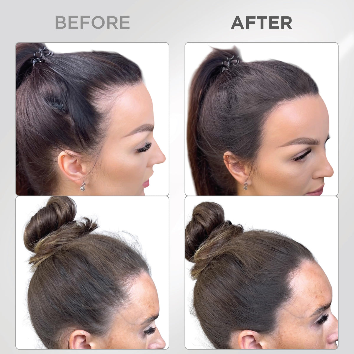 Thick Fiber before and after application showing concealed roots and fuller look