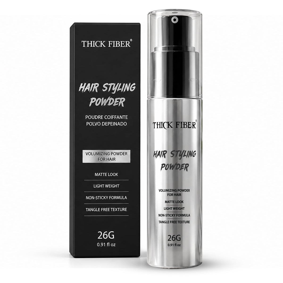 Thick Fiber front packaging showing compact 26g pump for travel convenience