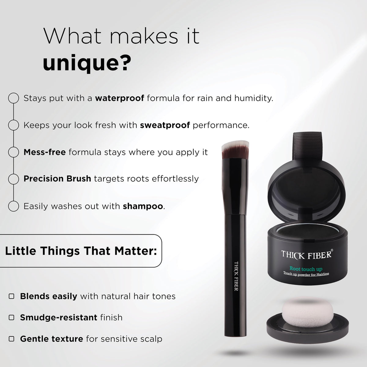 THICK FIBER compact shown in hand to illustrate portable size and convenience