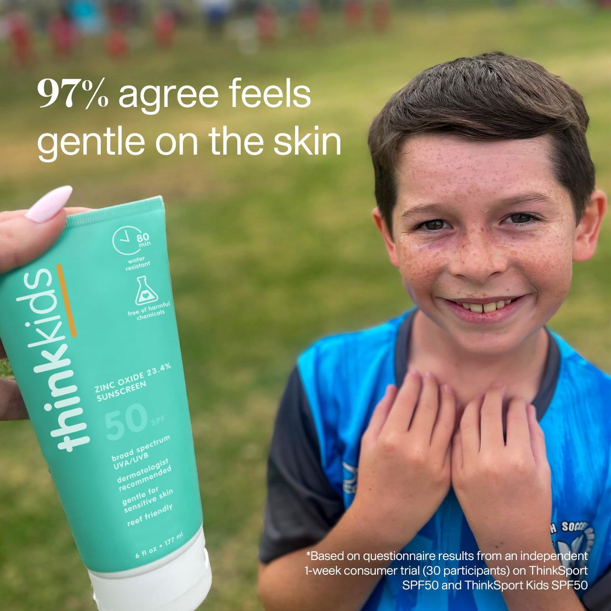 THINK thinkkids dispensing sunscreen from tube into hand for easy use