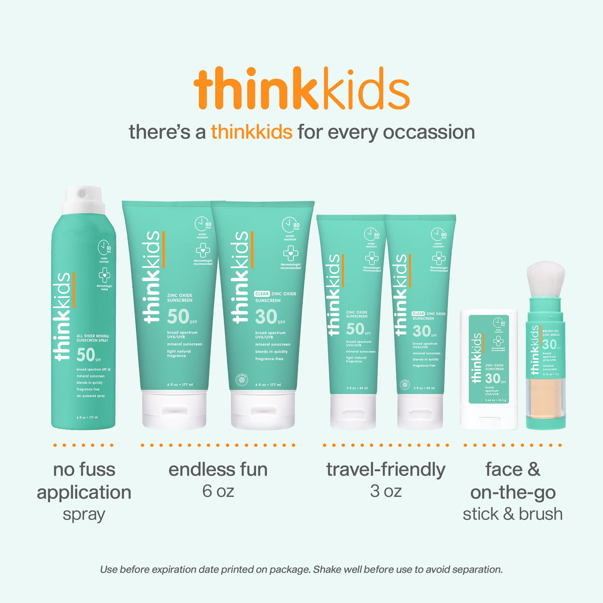 Think brand tube next to sunglasses displays compact 6 fl oz travel convenience