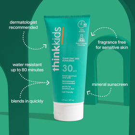 Think brand close-up lotion texture shows clear zinc oxide, fast absorption benefit