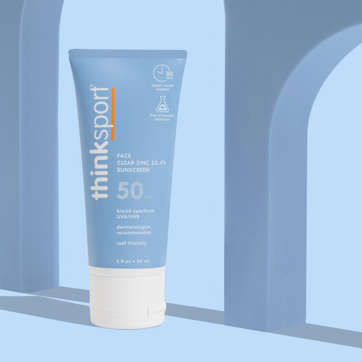 Thinksport applied to cheek showing even coverage and lightweight absorption benefit