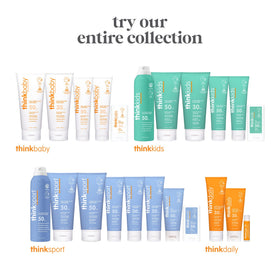THINK 3oz tube beside pool illustrating travel-friendly, water-resistant sunscreen