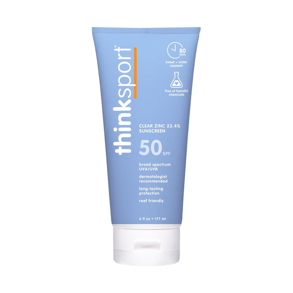 Thinksport front packaging 6 fl oz showing SPF 50+ protection