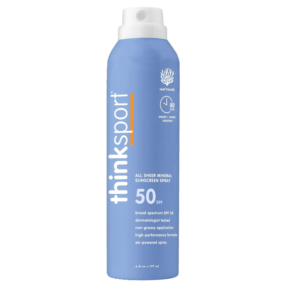 Thinksport front packaging spray bottle showing SPF 50+ protection