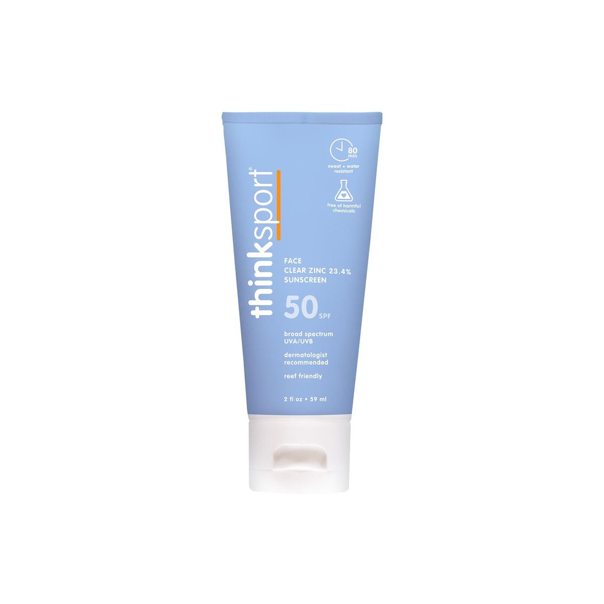 Thinksport front tube face sunscreen shows compact travel-friendly packaging and SPF benefit