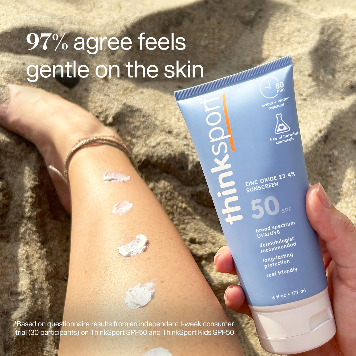 THINK thinksport applying lotion from bottle to arm for easy sport use benefit