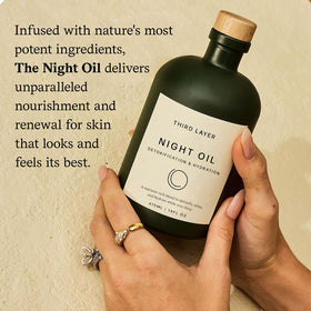 Third Layer oil beside a towel in a bedroom scene suggesting calming evening ritual