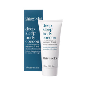 THISWORKS front tube of Deep Sleep Body Cocoon showing packaging and calming benefit