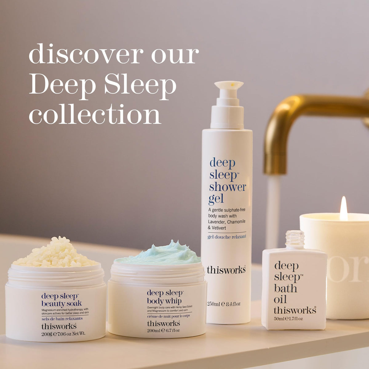 THISWORKS ingredients flatlay featuring lavender and vetivert for soothing scent benefit