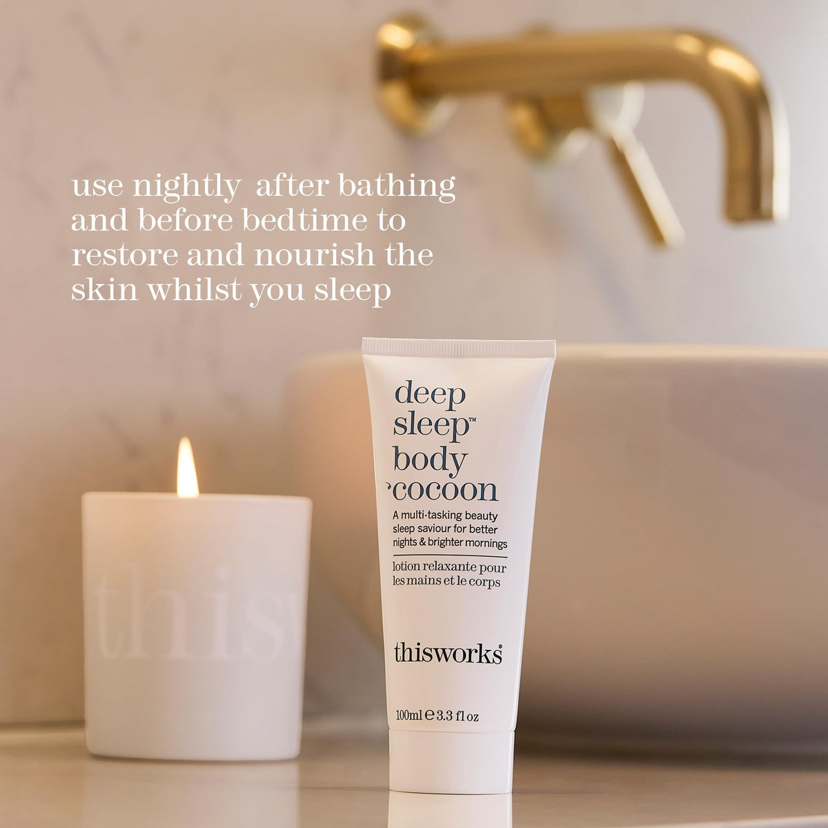 THISWORKS bedside scene with tube showing evening ritual and relaxation benefit