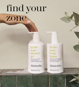 THISWORKS bottle on bathroom shelf styled to show routine-friendly aromatherapy