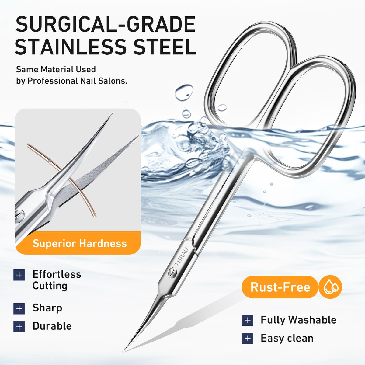 THRAU scissors trimming a cuticle illustrating clean, controlled cuts