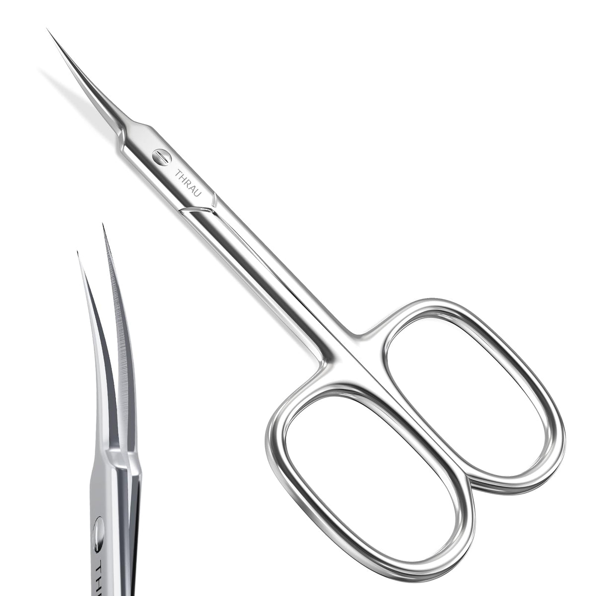 THRAU front view showing compact stainless steel scissors for neat trimming