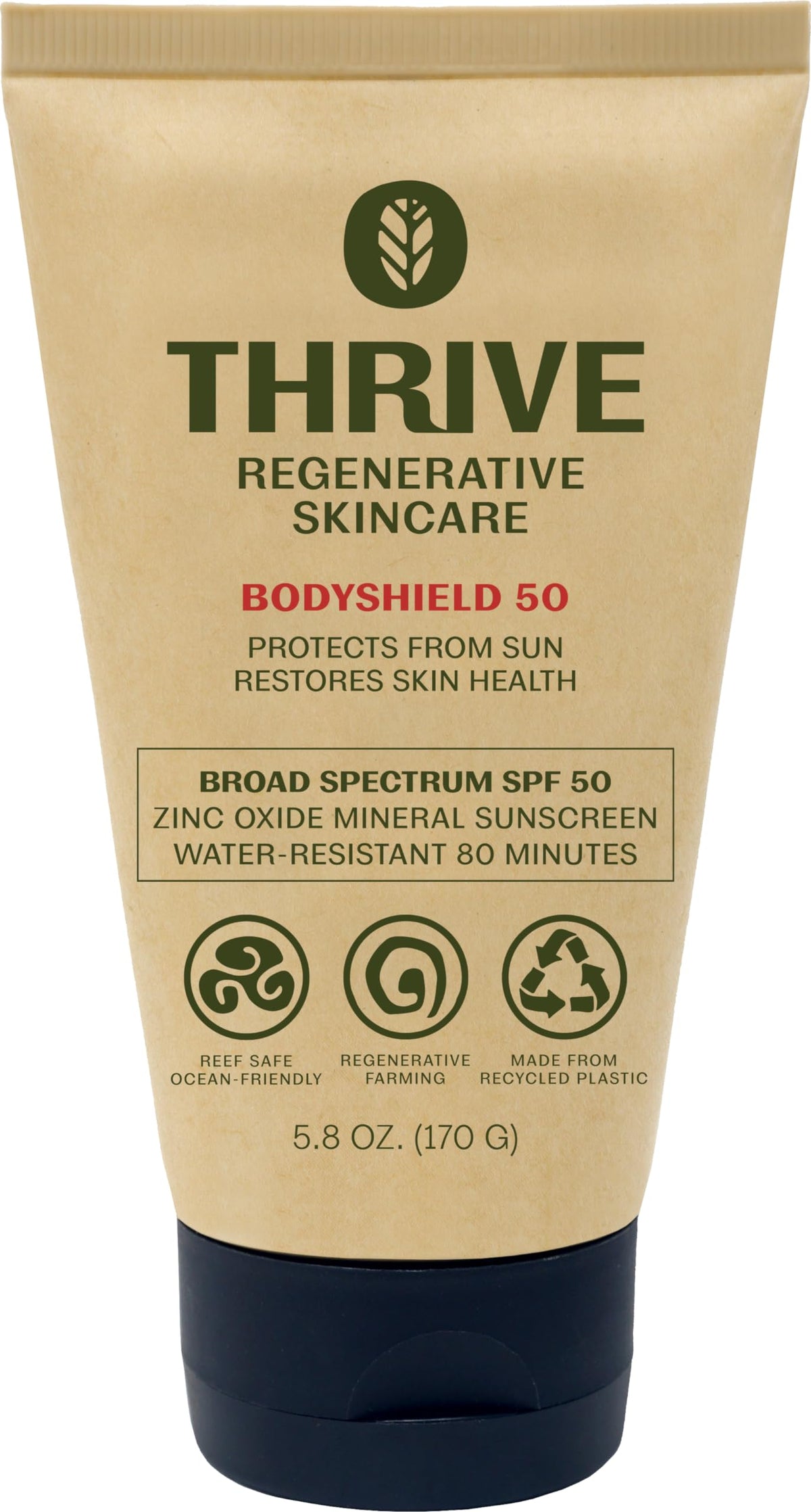 Thrive Natural Care front tube showing SPF50 and reef-safe benefit