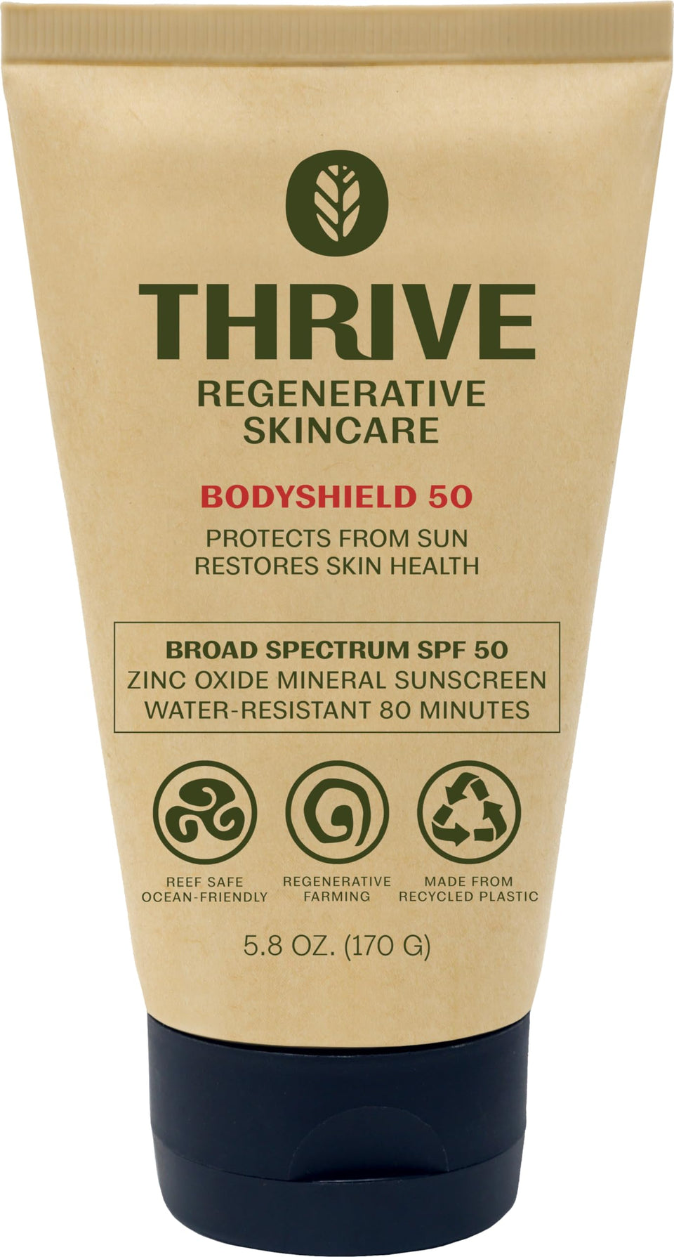 Thrive Natural Care front tube showing SPF50 and reef-safe benefit