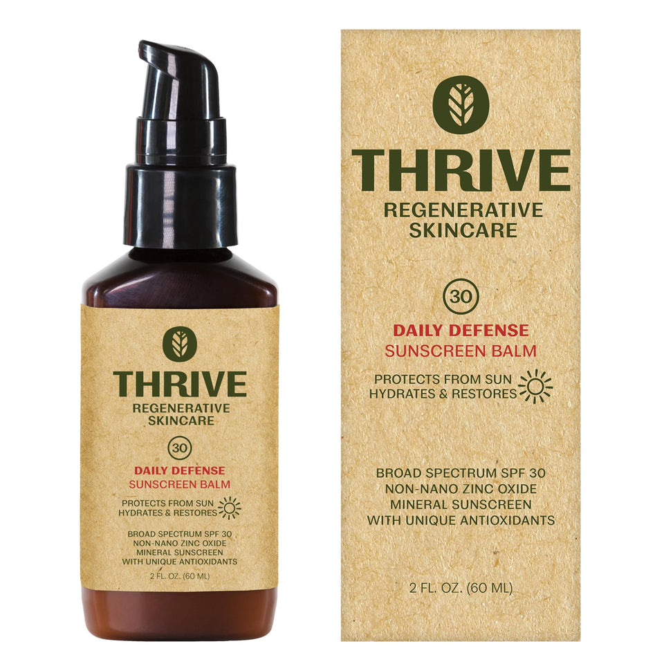 Thrive Natural Care front packaging showing tube and branding with SPF benefit