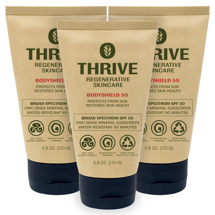Thrive Natural Care front tube showing label and SPF50 protection
