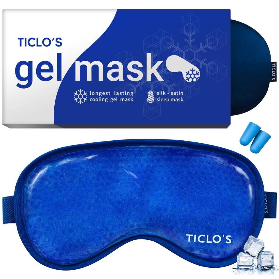 Ticlo's front view of cooling eye mask in gift-ready box for quick relief