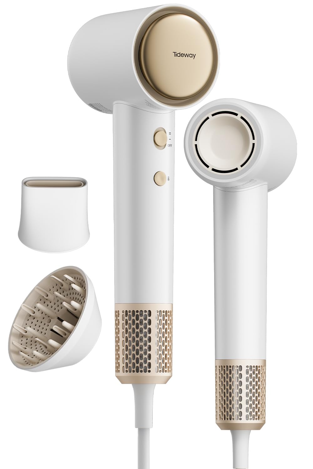 TIDEWAY hair dryer front view showing sleek gold housing and controls for fast styling