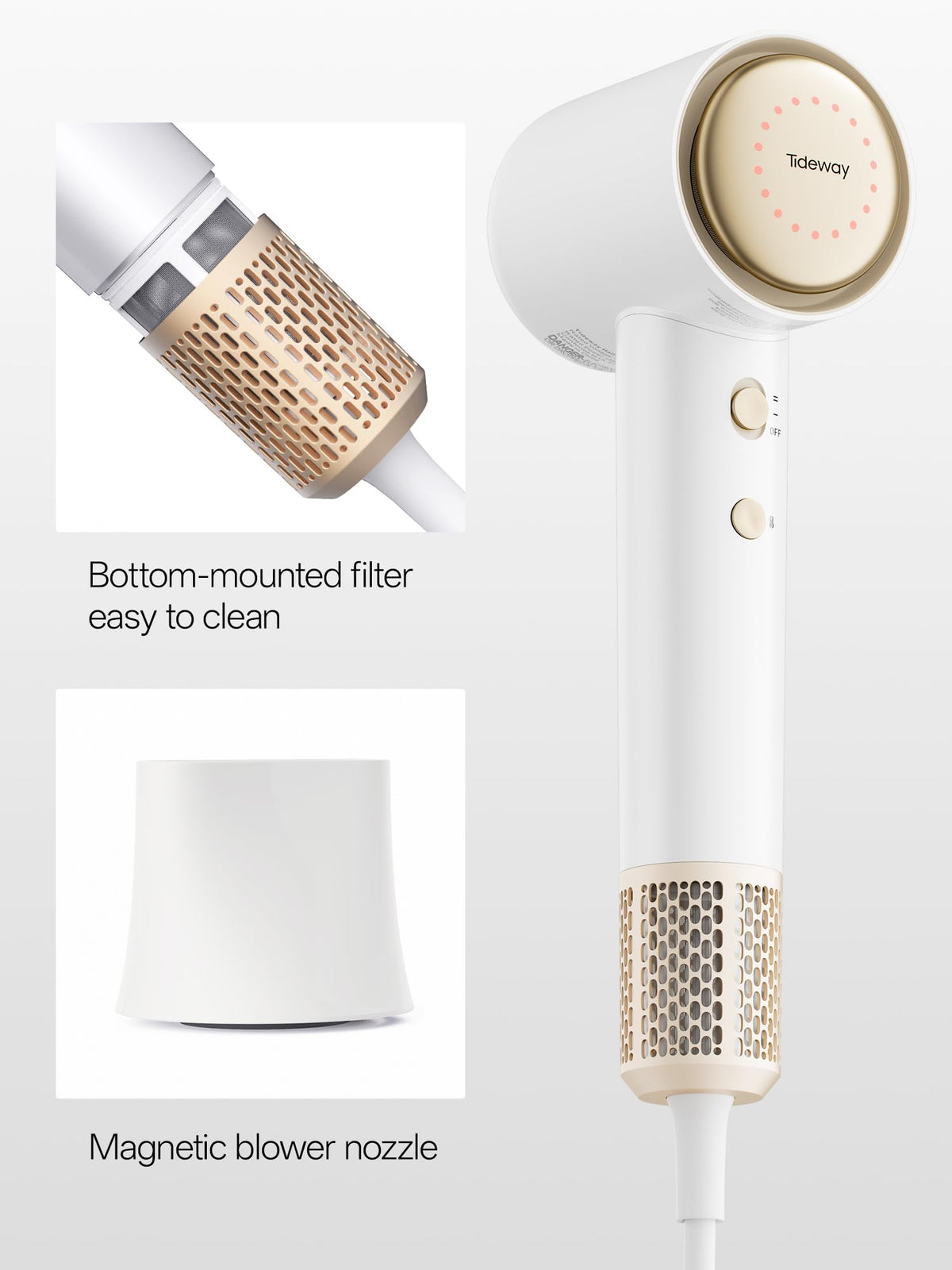 TIDEWAY hair dryer beside passport showing compact travel-friendly size