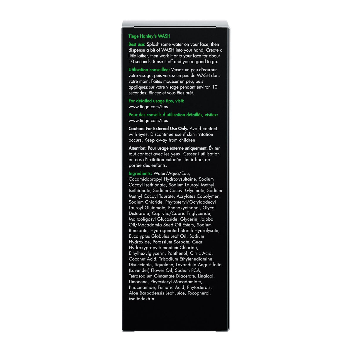 Tiege Hanley back label close-up listing ingredients and usage benefits