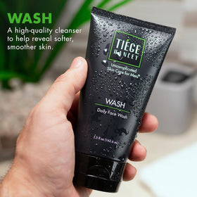 Tiege Hanley light foam texture on hand demonstrating gentle cleansing