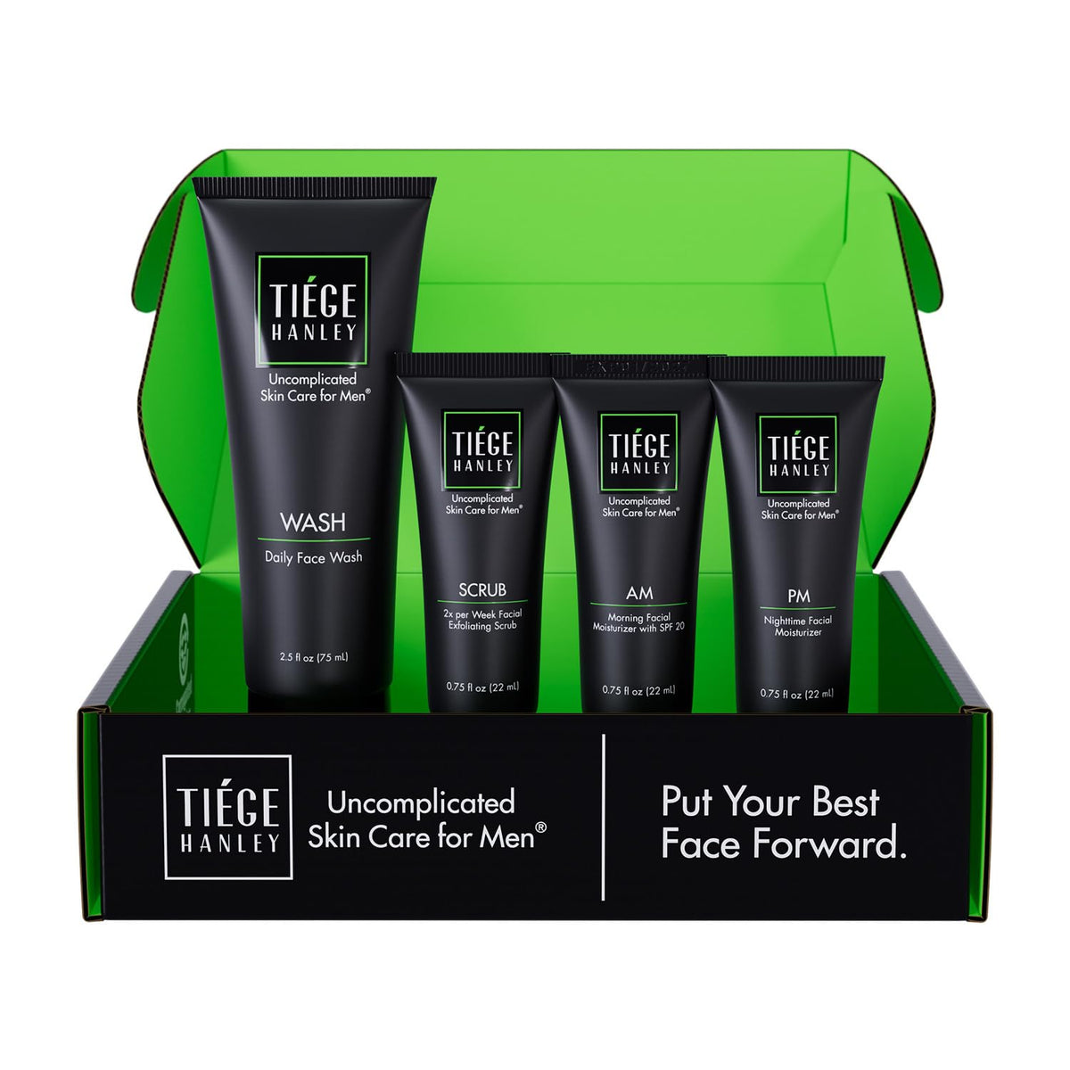 Tiege Hanley front packaging showing full four-piece kit and easy routine