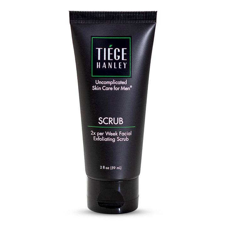 Tiege Hanley front packaging showing scrub tube and clear label benefits