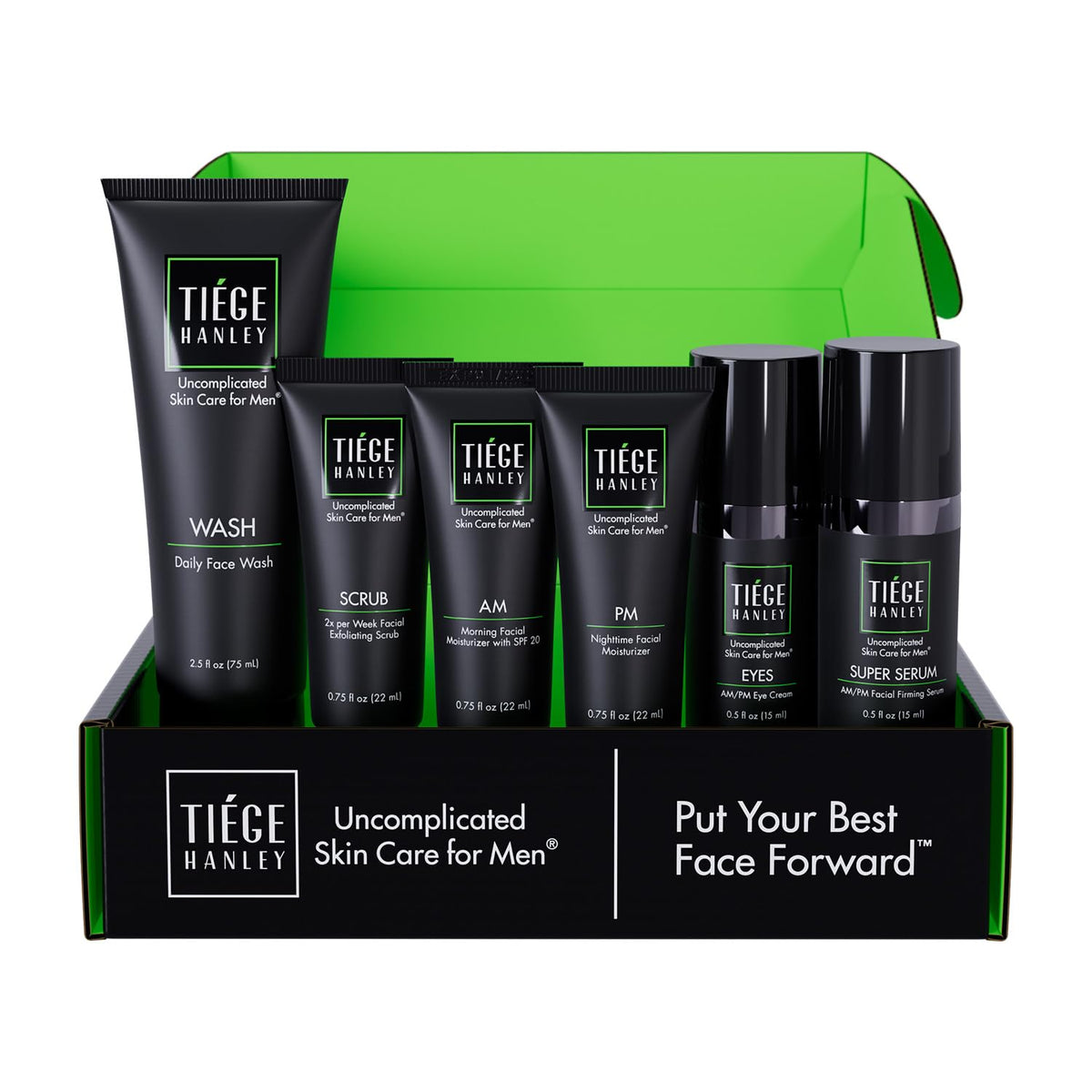 Tiege Hanley front packaging showing the full six-piece anti-aging kit and convenience