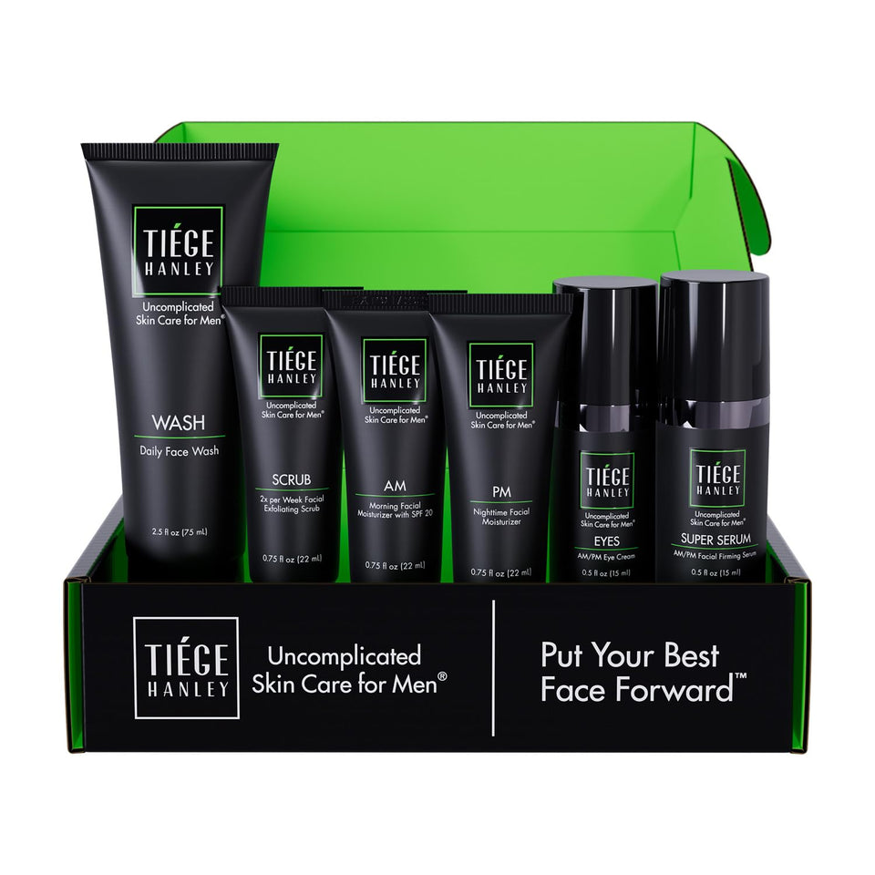 Tiege Hanley front packaging showing the full six-piece anti-aging kit and convenience
