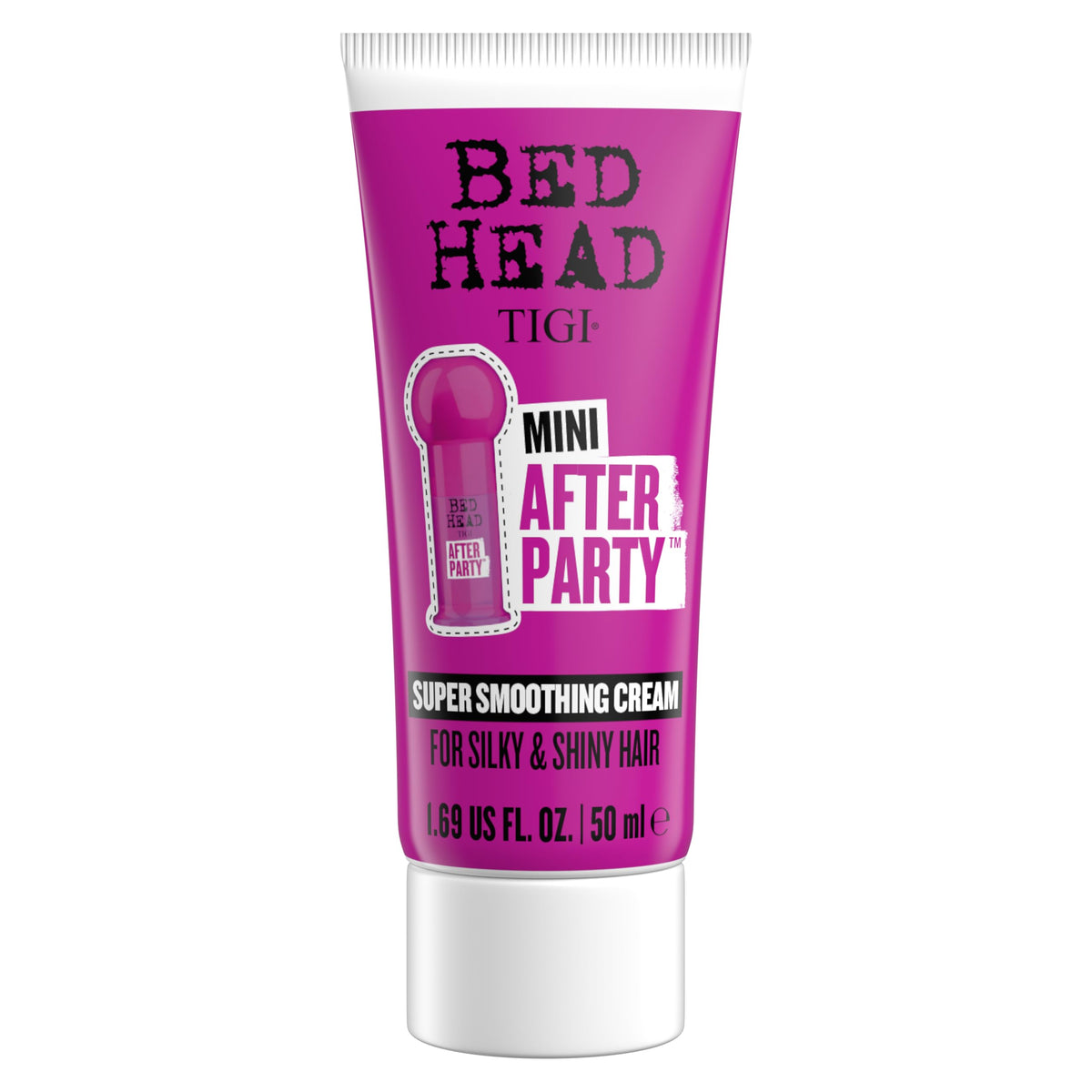 TIGI Bed Head front packaging shows travel-sized frizz-control benefit