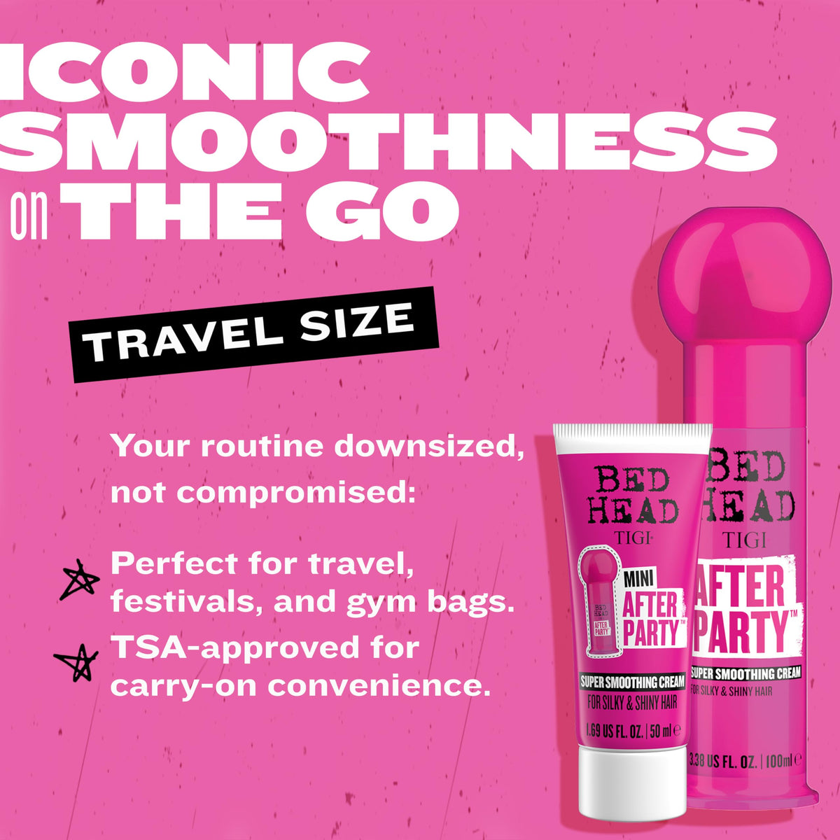 TIGI Bed Head held in hand showing compact travel convenience benefit