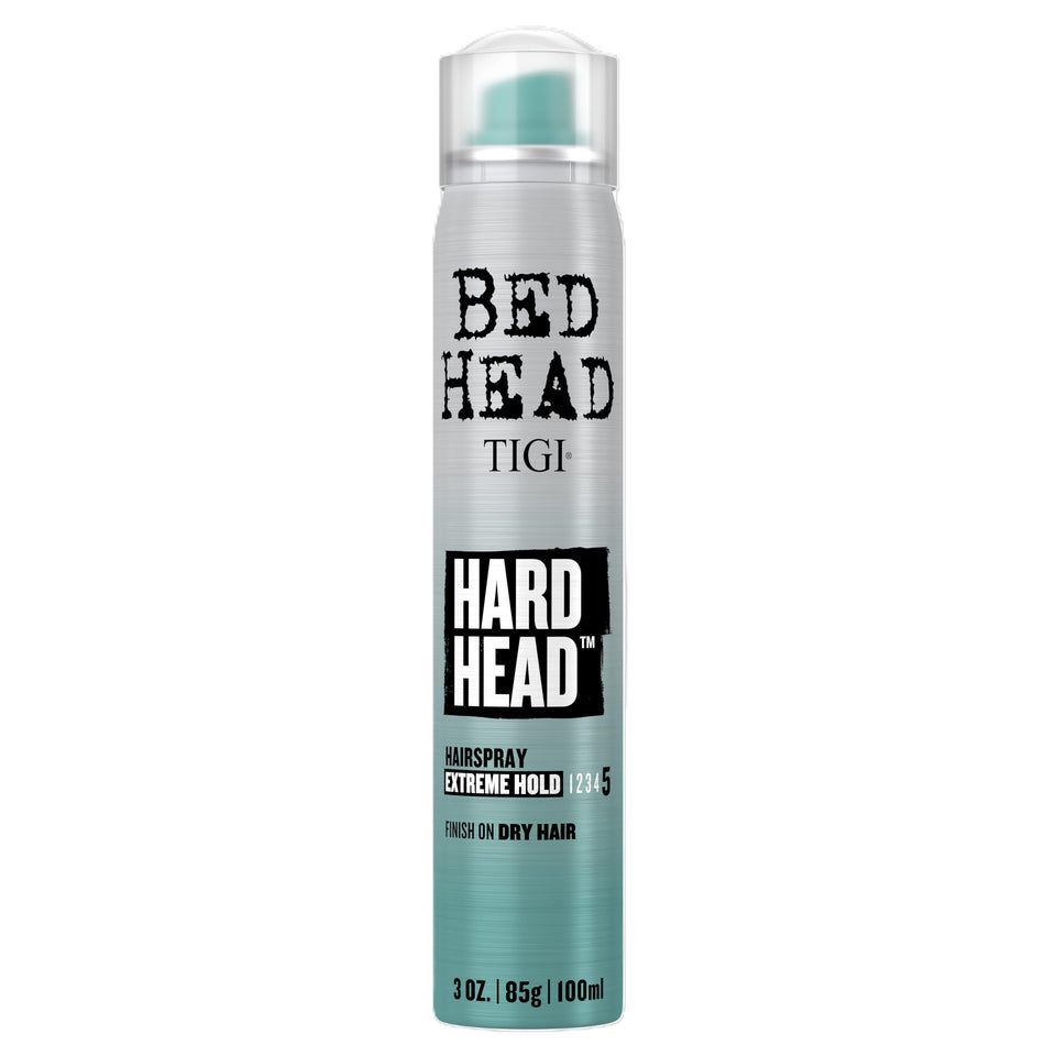 TIGI Bed Head front packaging showing travel-size can and branding benefit