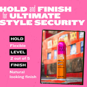 TIGI Bed Head on vanity with styled hair illustrating touchable, natural hold
