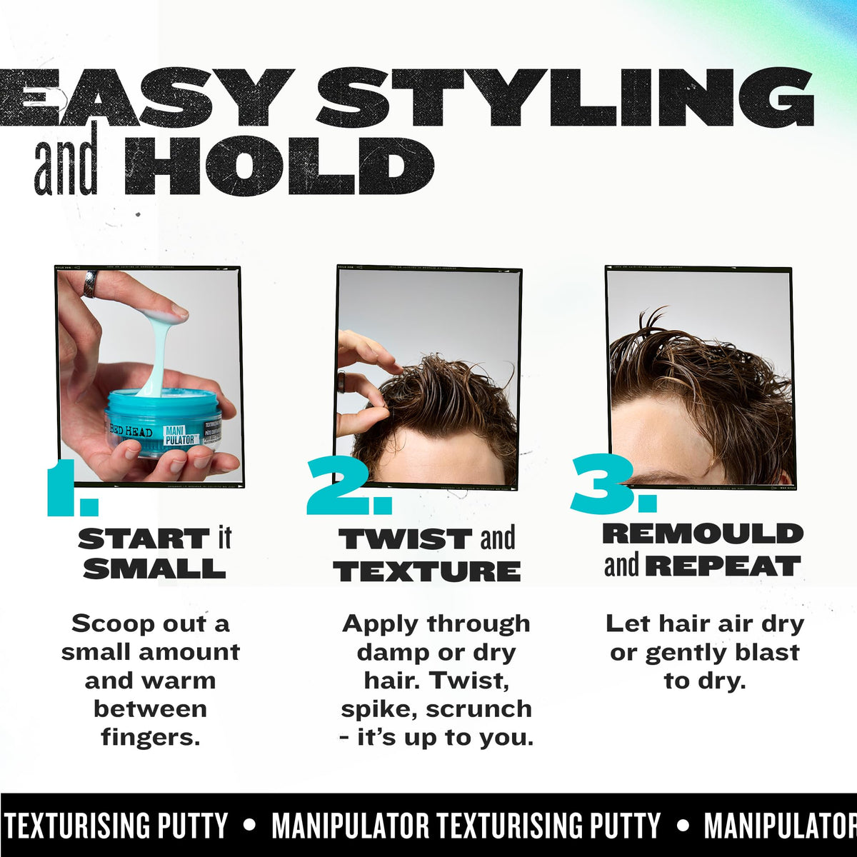 TIGI Bed Head before and after styled hair showing defined texture benefit