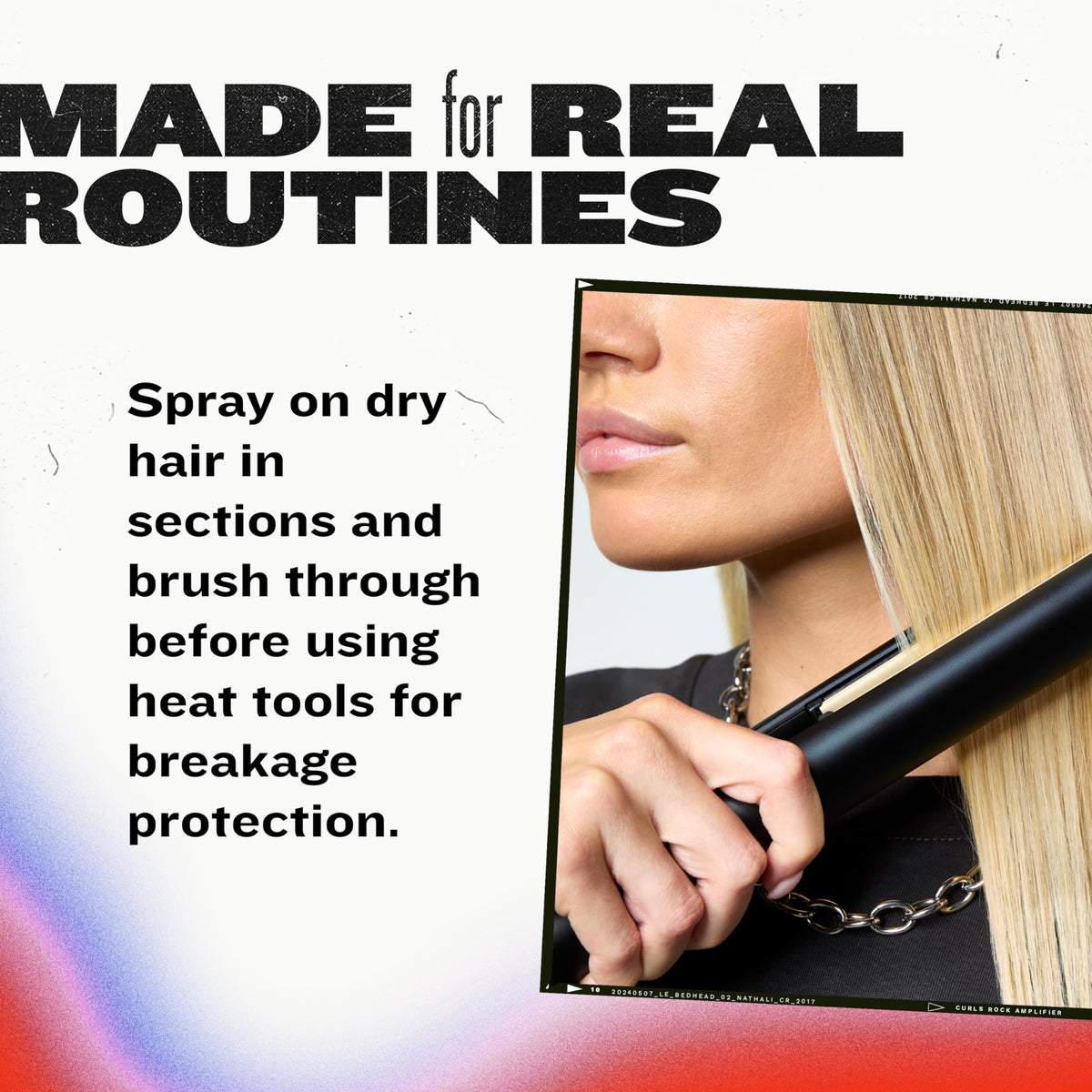 TIGI Bed Head in use during restyling for fast heat protection and frizz control