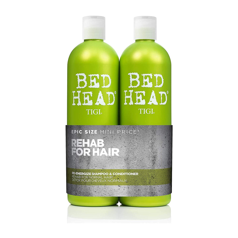 TIGI Bed Head front packaging showing full shampoo and conditioner set benefits