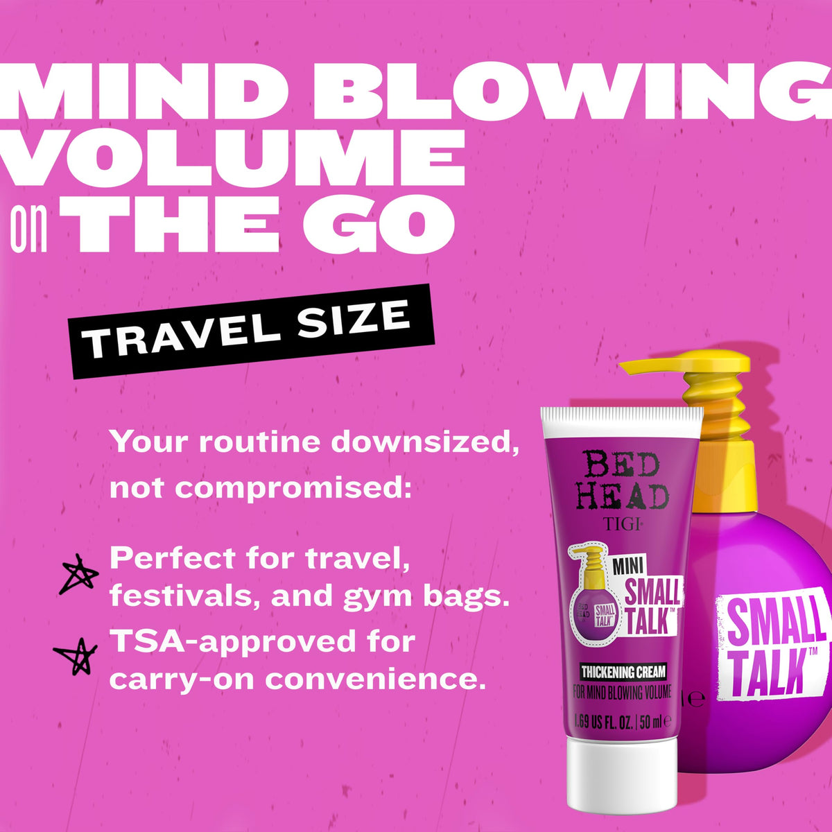 TIGI Bed Head mini held in hand illustrating compact travel-friendly size